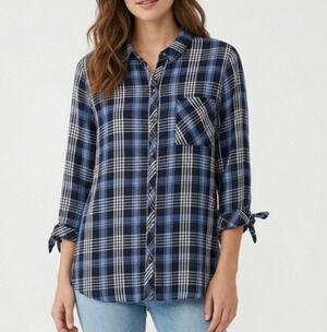 J.Jill Denim Plaid Button Down Shirt Women’s XL Blue Tie Cuff Rayon Tunic Casual